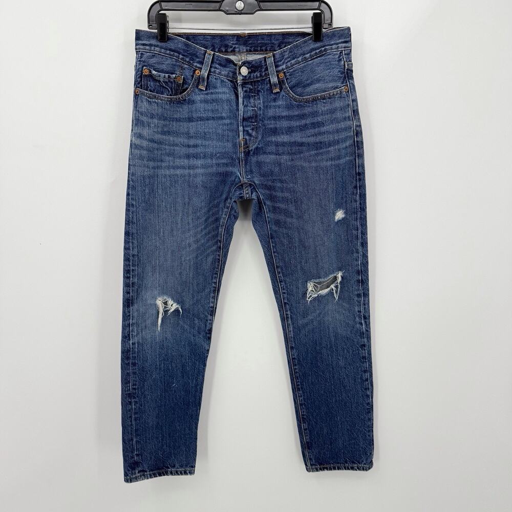 Levis 501 Tapered Jeans Mens 29x28 Blue Distressed Button Fly Medium Wash Cotton